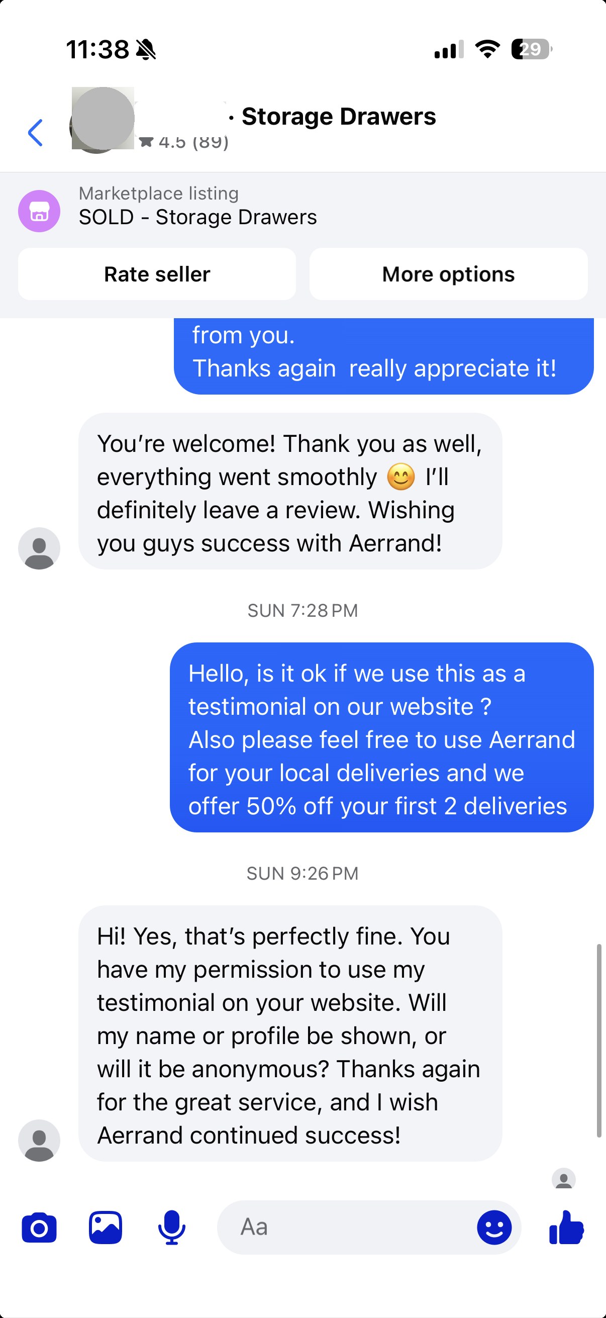 Facebook Marketplace seller conversation, name anonymized