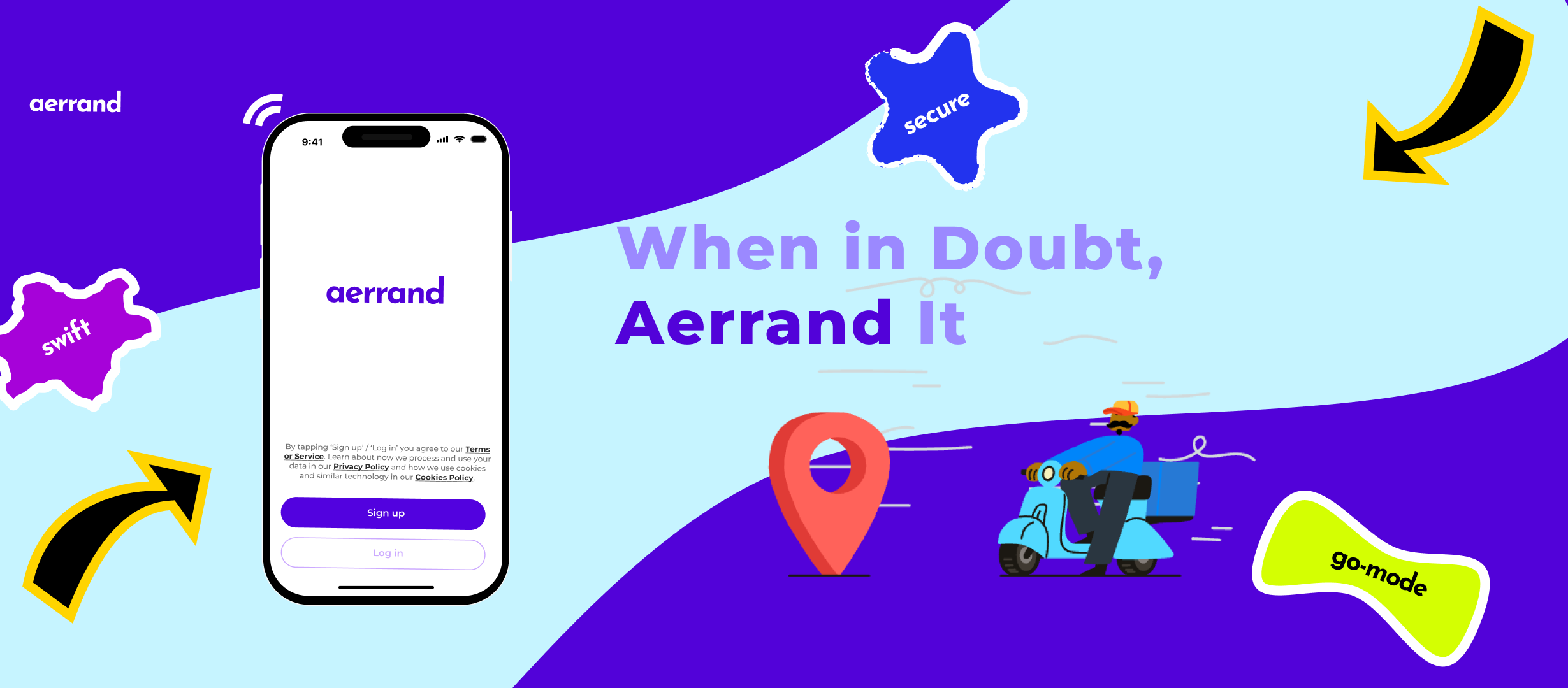 When in Doubt, Aerrand It - Promotional banner showing the Aerrand app with swift, secure delivery